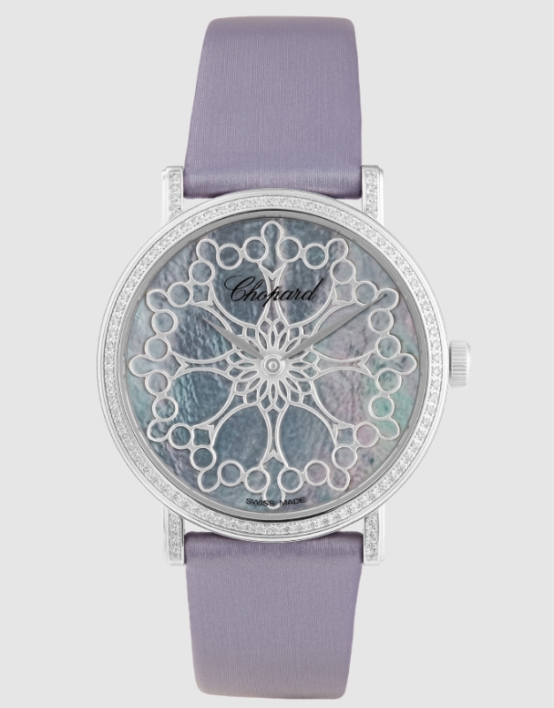 Classic 36mm in White Gold with Diamond Bezel & Lugs on Light Purple Satin Strap with MOP Dial