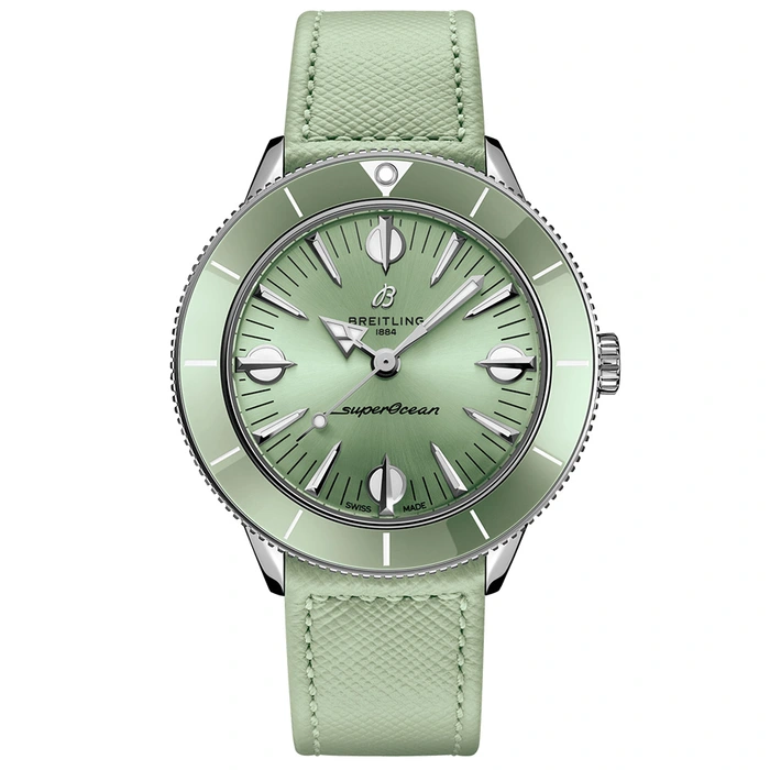 Superocean Heritage 57 Pastel Paradise 38 in Steel with Mint Green Ceramic Bezel on Mint Green Calfskin Leather Strap with Mint Green Dial