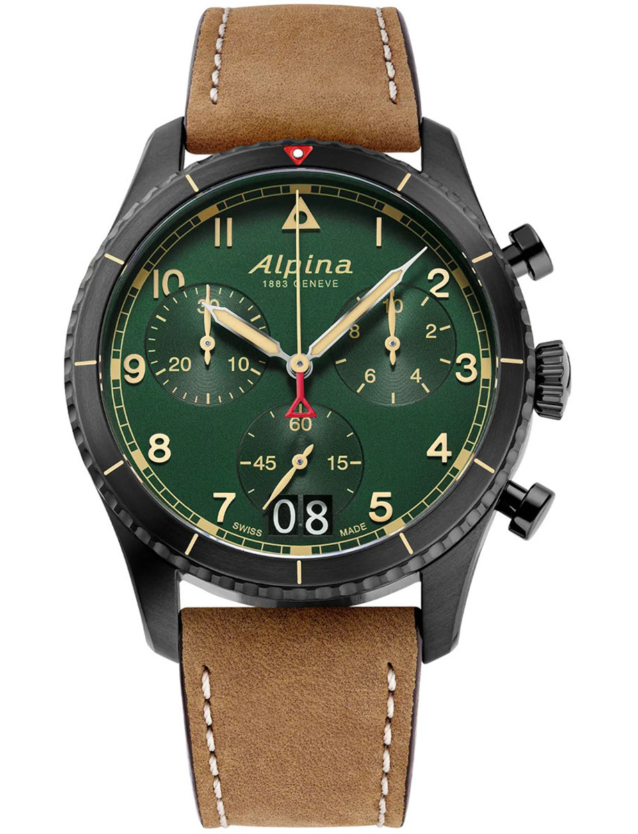 Startimer Pilot Quartz Chronograph Big Date 41mm in Black PVD Steel on Brown Calf Leather Strap with Green Dial