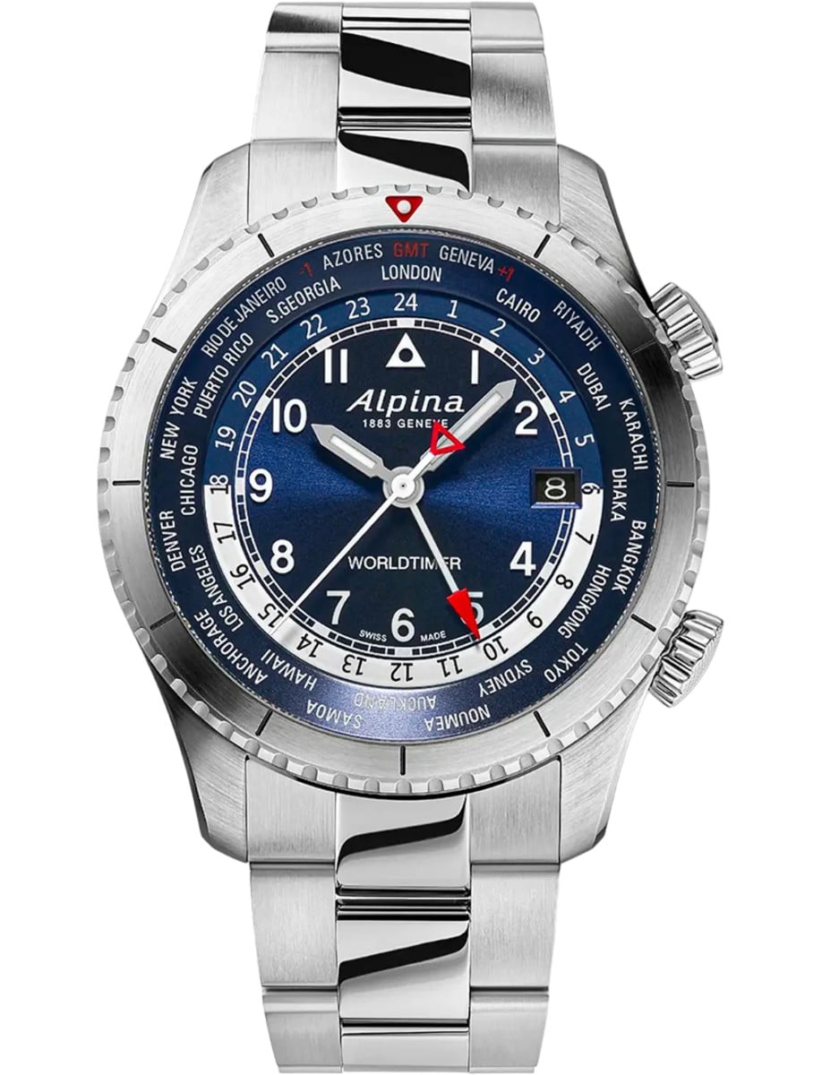 Startimer Pilot Quartz Worldtimer 41mm in Steel on Steel Bracelet with Navy Blue Dial