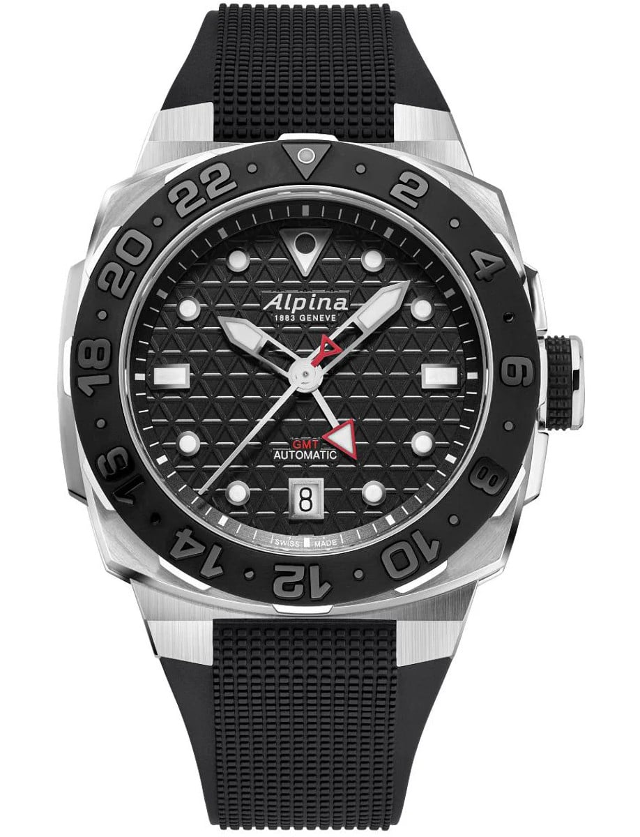 Seastrong Diver Extreme Automatic GMT 39mm in Brushed Steel on Black Rubber Strap with Black Dial