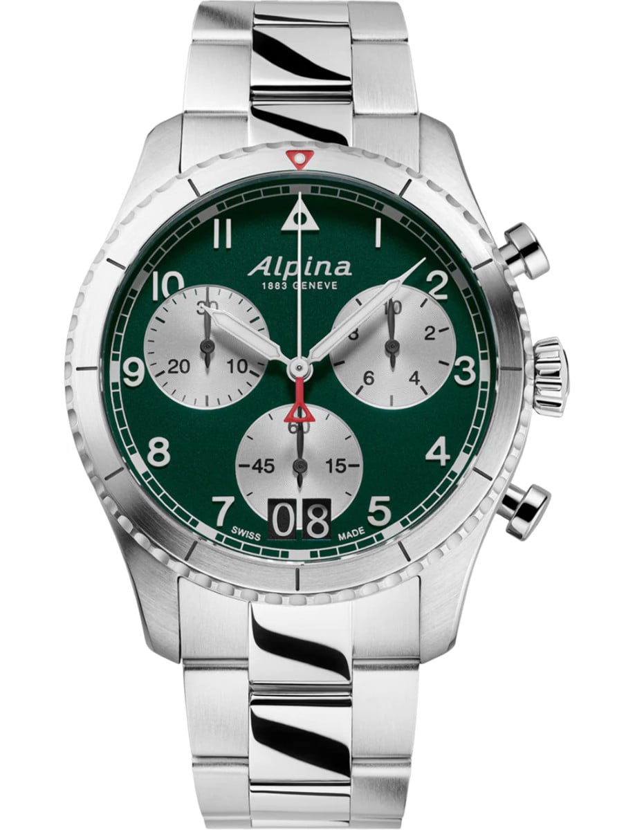 Startimer Pilot Quartz Chronograph Big Date 41mm in Steel on Steel Bracelet with Matt Green Dial