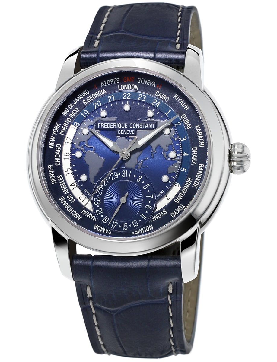 Manufacture Worldtimer 42 in Steel on Blue Alligator Leather Strap with Navy Blue Dial