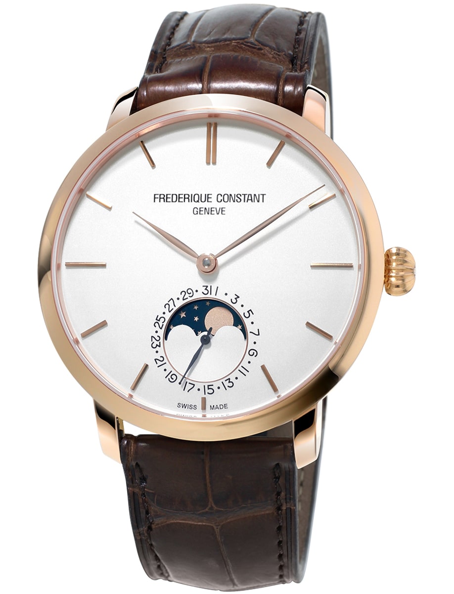 Slimline Moonphase 42 in Rose Gold on Brown Alligator Leather Strap with Silver Dial