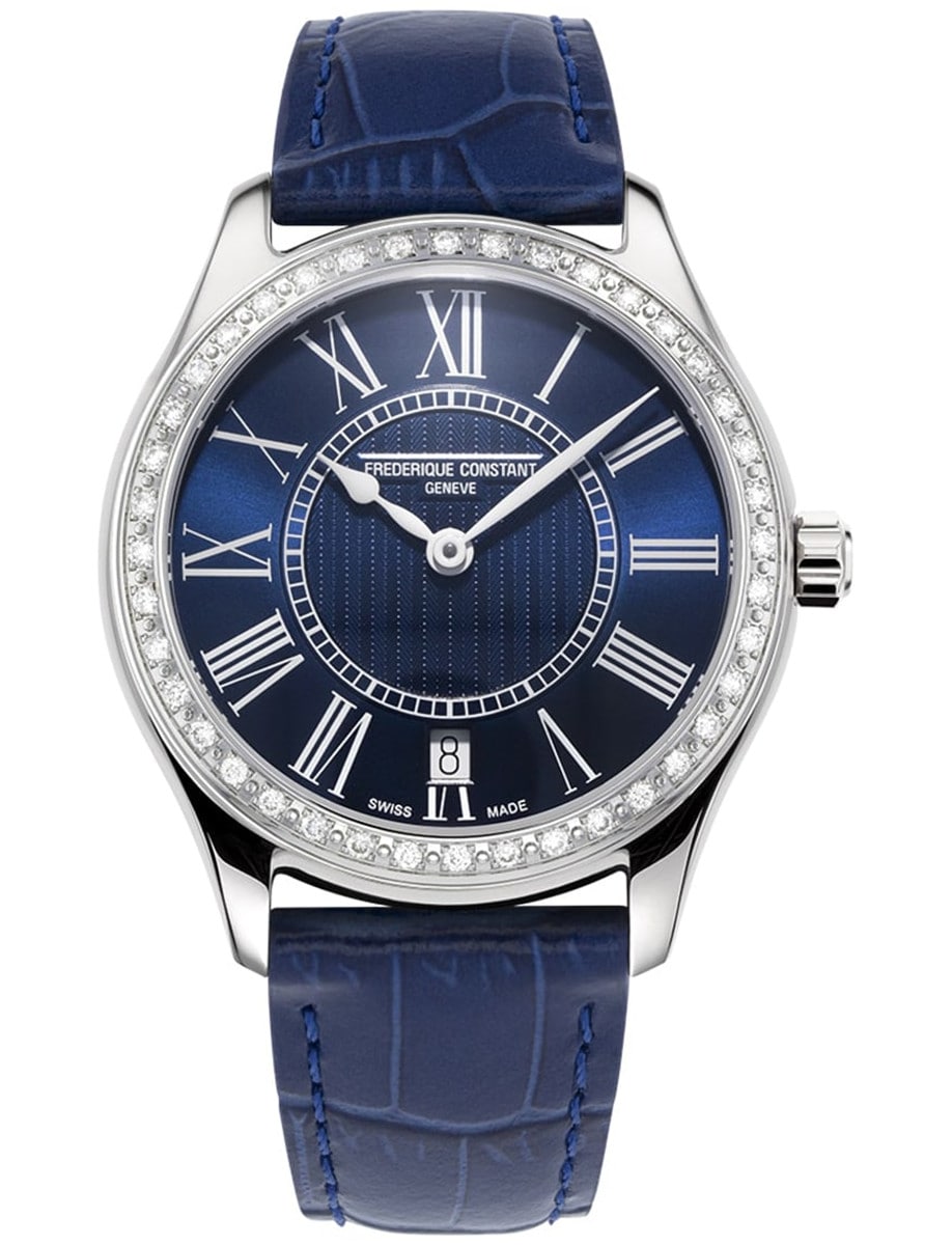 Classics Ladies Quartz 36 in Steel with Diamond Bezel on Blue Alligator Leather Strap with Navy Blue Dial