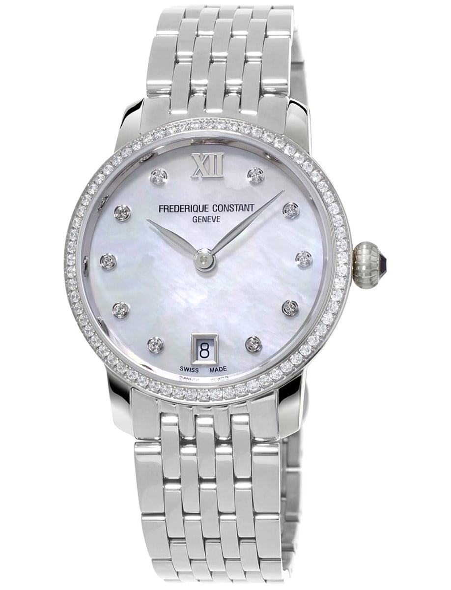 Slimline Ladies Quartz 30 in Steel with Diamond Bezel on Steel Bracelet with White Mother of Pearl Diamond Dial
