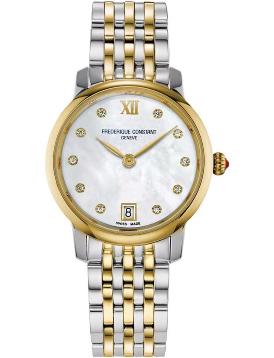 Slimline Ladies Quartz 30 in Steel with Yellow Gold Bezel on Steel and Yellow Gold Bracelet with MOP Diamond Dial