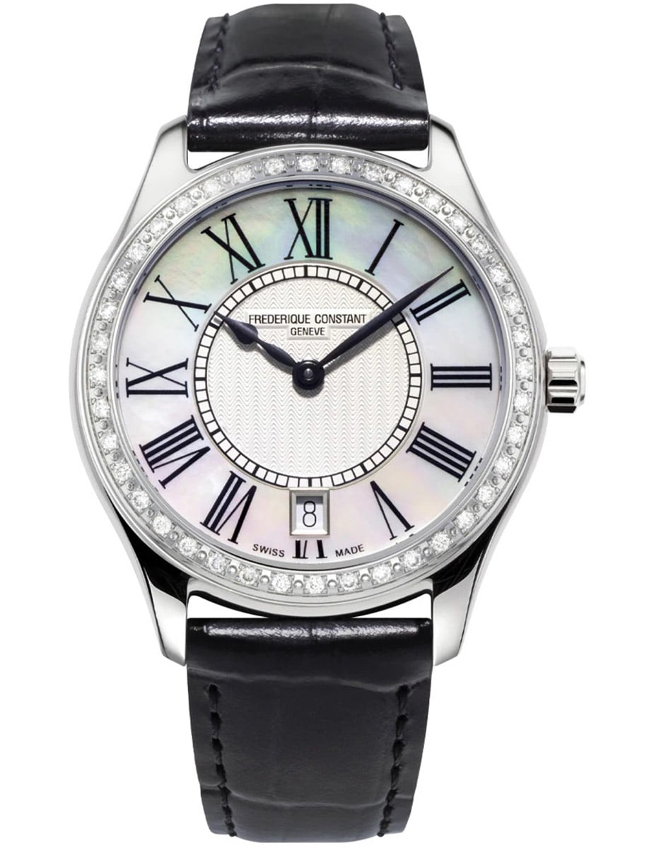 Classics Ladies Quartz 36 in Steel with Diamond Bezel on Black Calf Leather Strap with MOP Dial