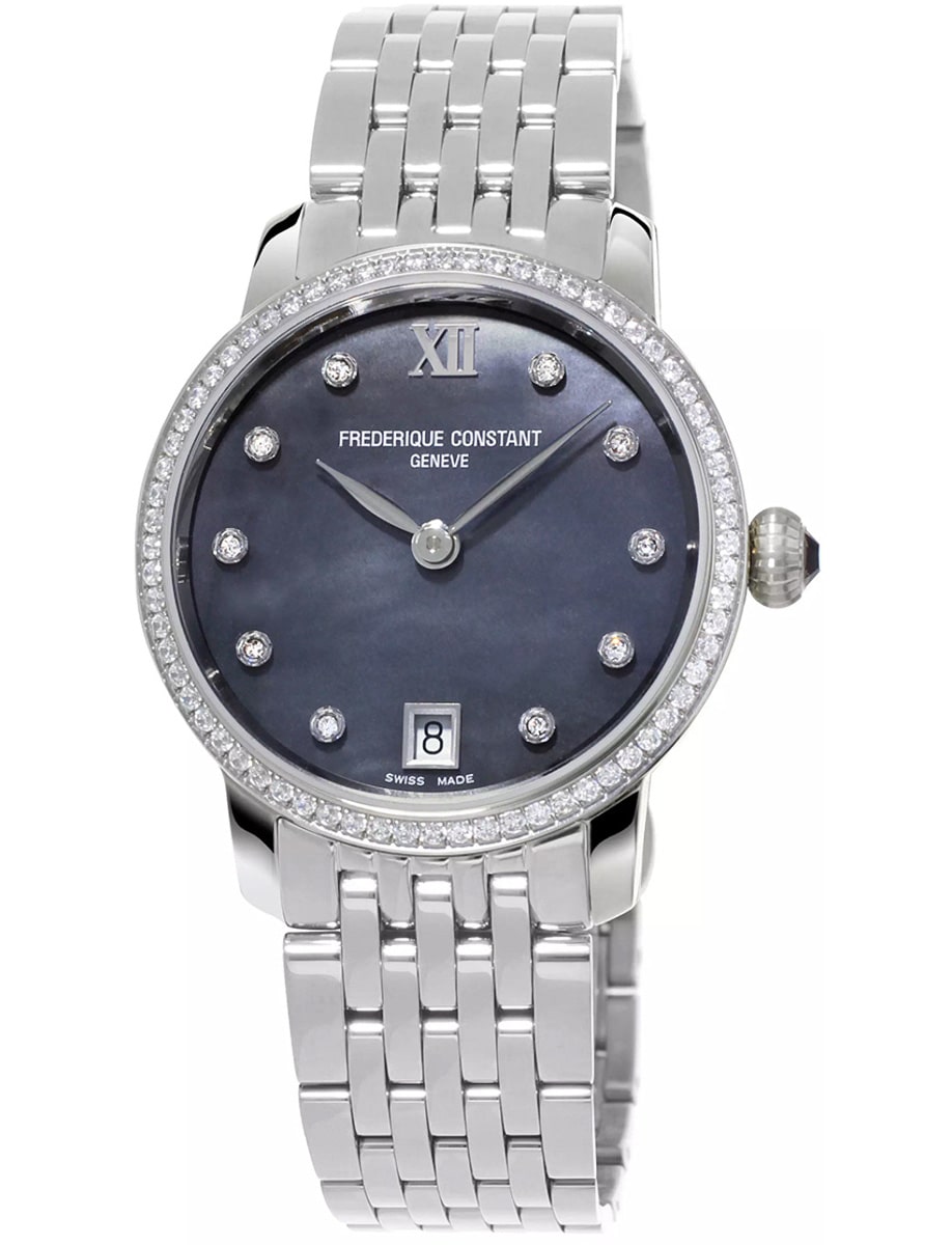 Slimline Ladies Quartz 30 in Steel with Diamond Bezel on Steel Bracelet with Black MOP Dial