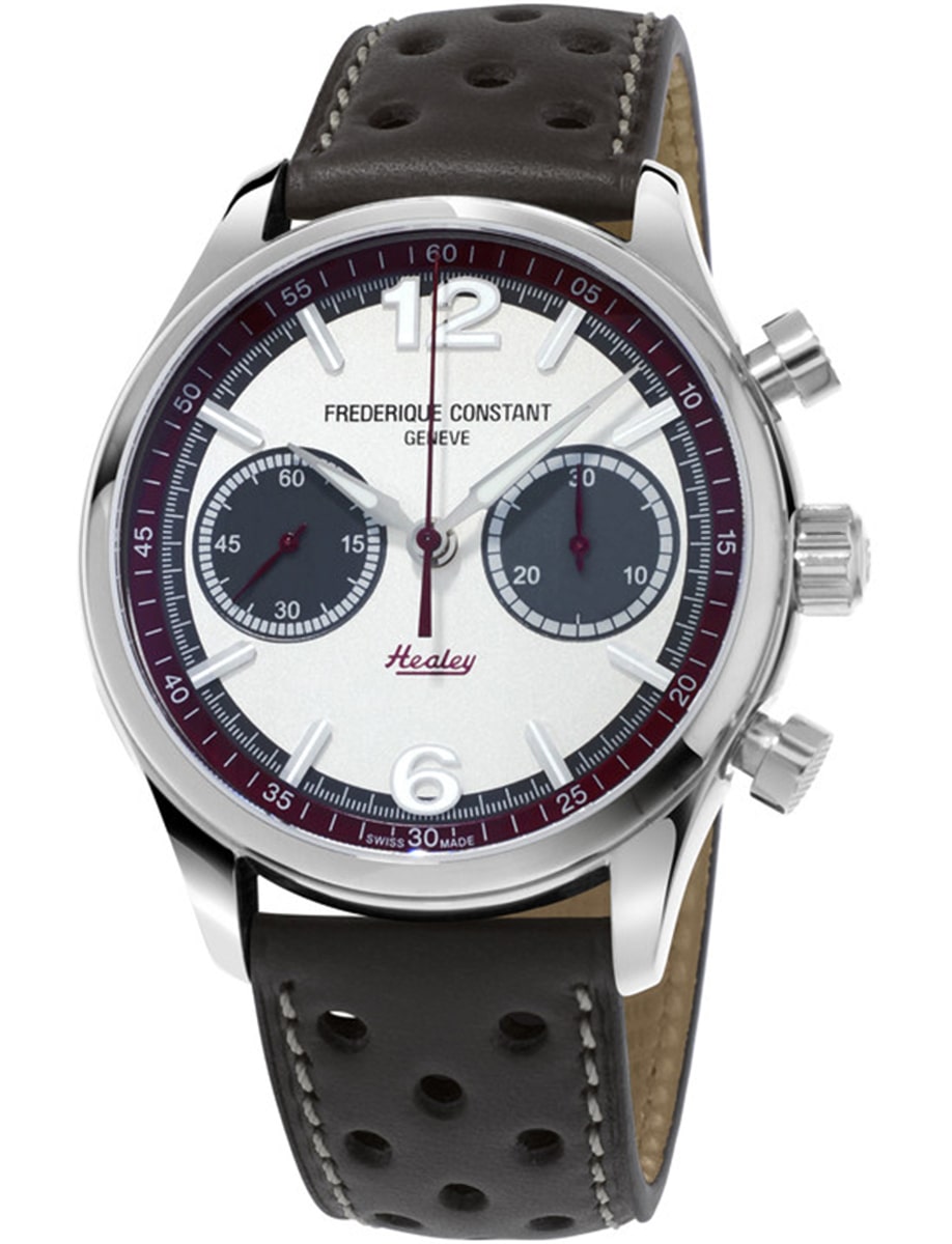 Vintage Rally Healey Chronograph 42 in Steel on Dark Grey Leather Strap with Silver Dial