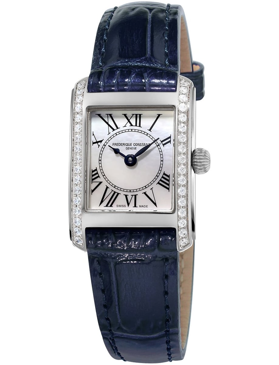 Square Ladies 23 in Steel with Partial Diamond Bezel on Navy Blue Alligator Leather Strap with Silver Dial