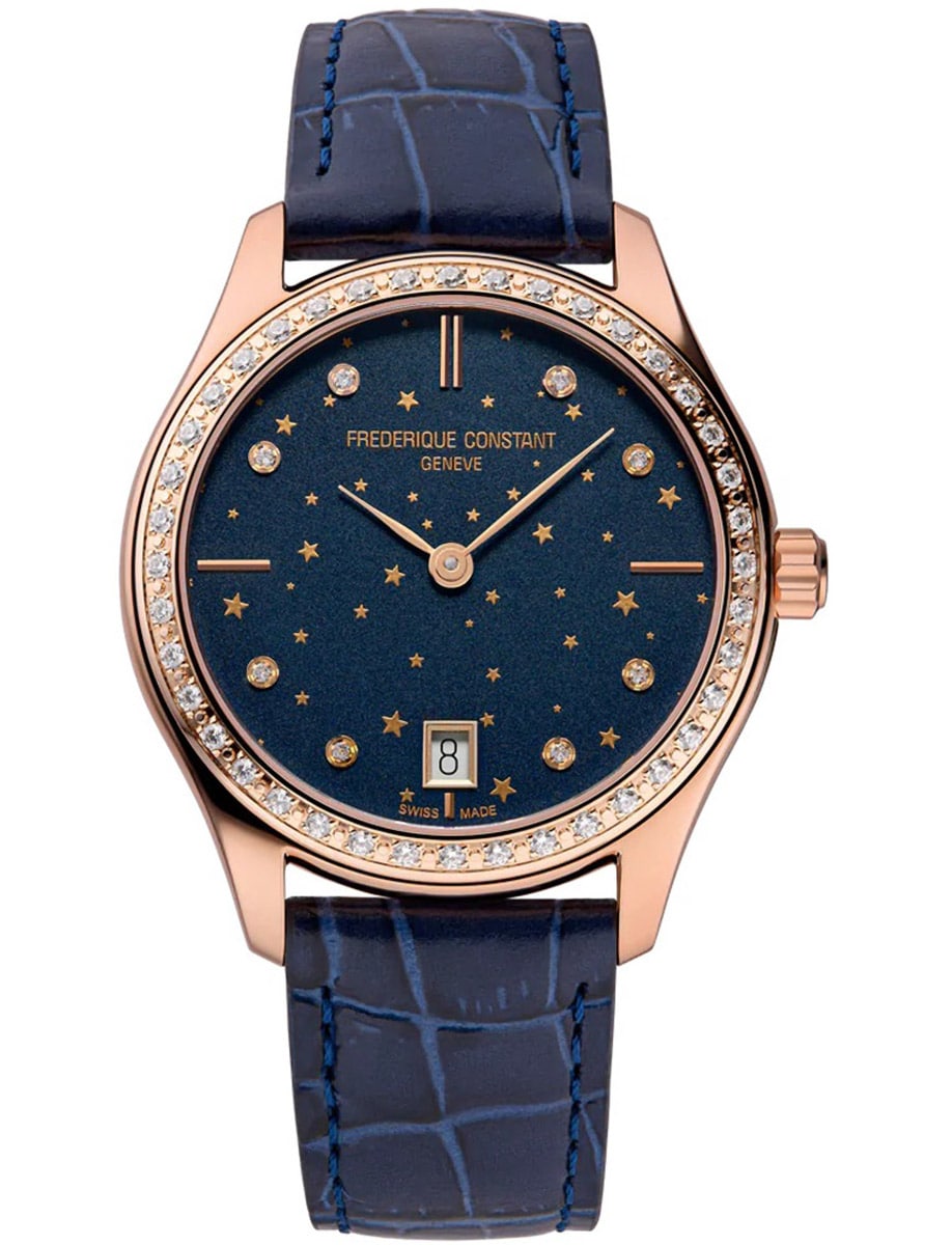 Classics Ladies Moon and Stars 36 in Rose Gold Coated Steel with Diamond Bezel on Blue Calf Leather Strap with Navy Blue Dial