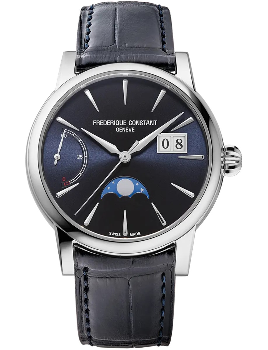 Classic Power Reserve Big Date 40mm in Steel on Blue Alligator Leather Strap with Blue Dial