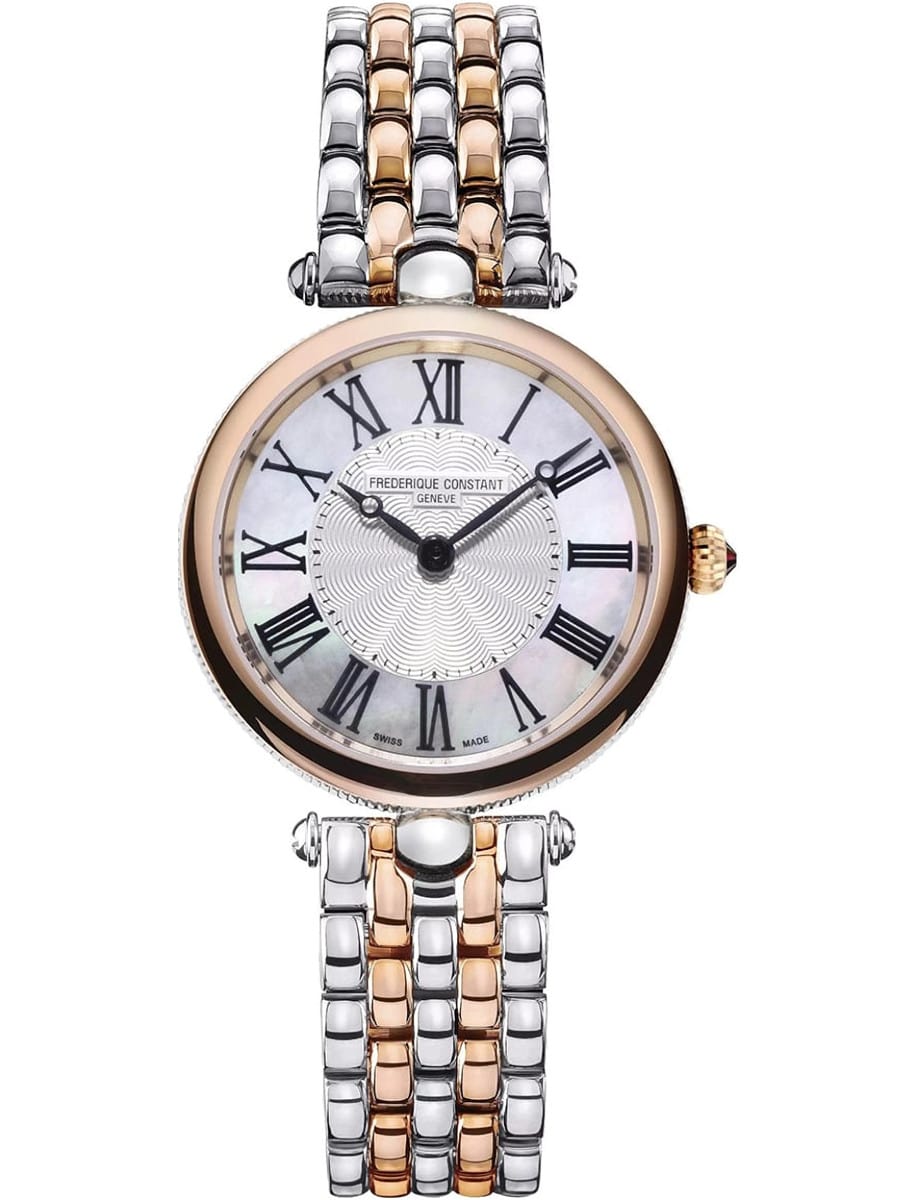 Art Deco Round 30mm in Steel with Rose Gold Bezel on Steel  and Rose Gold Bracelet with White Mother of Pearl Dial