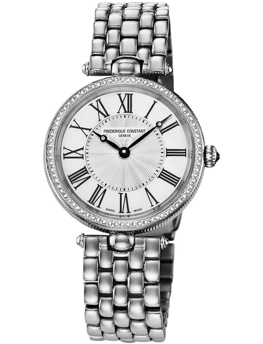 Art Deco Round 30mm in Steel with Diamond Bezel on Steel Bracelet with White Dial