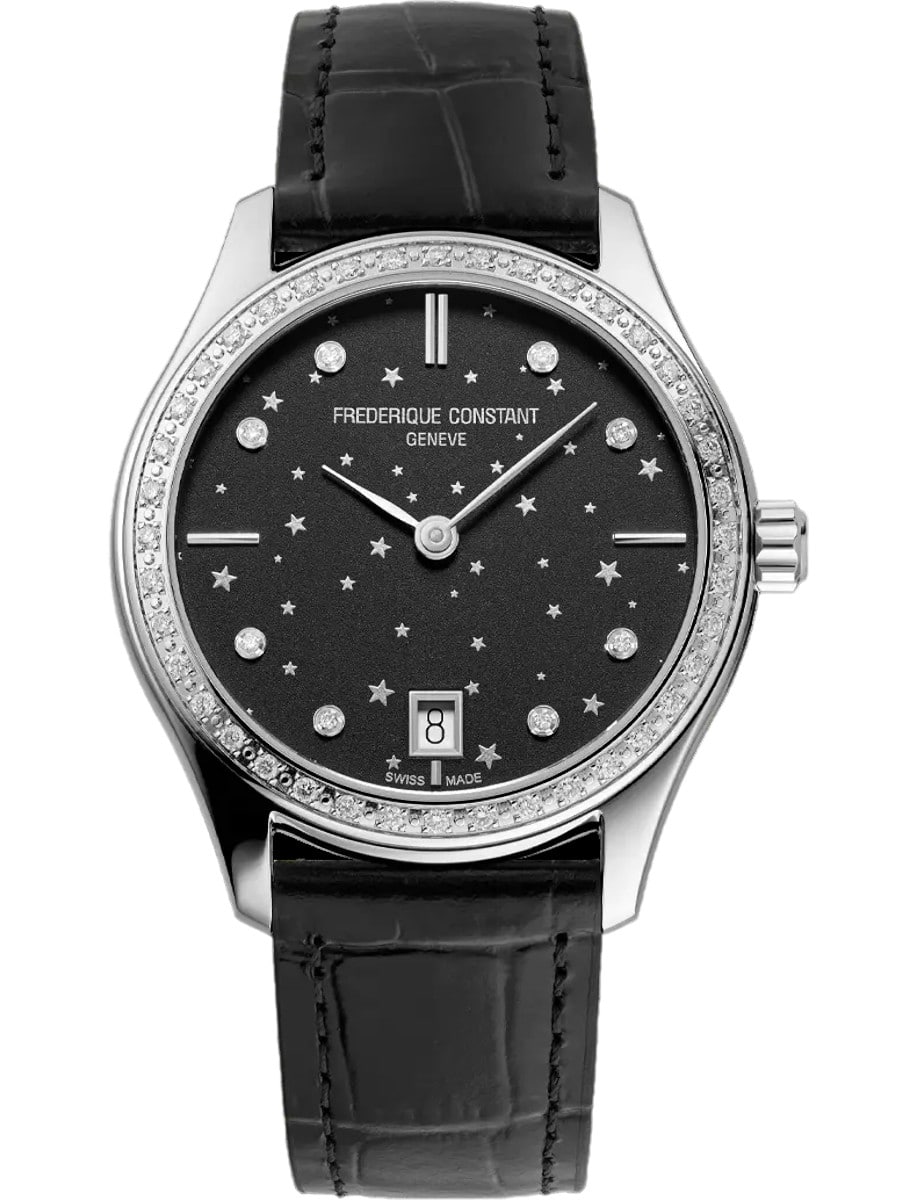 Classics Ladies Quartz 36mm in Steel with Diamond Bezel on Black Calf Leather Strap with Matt Black Diamond Dial