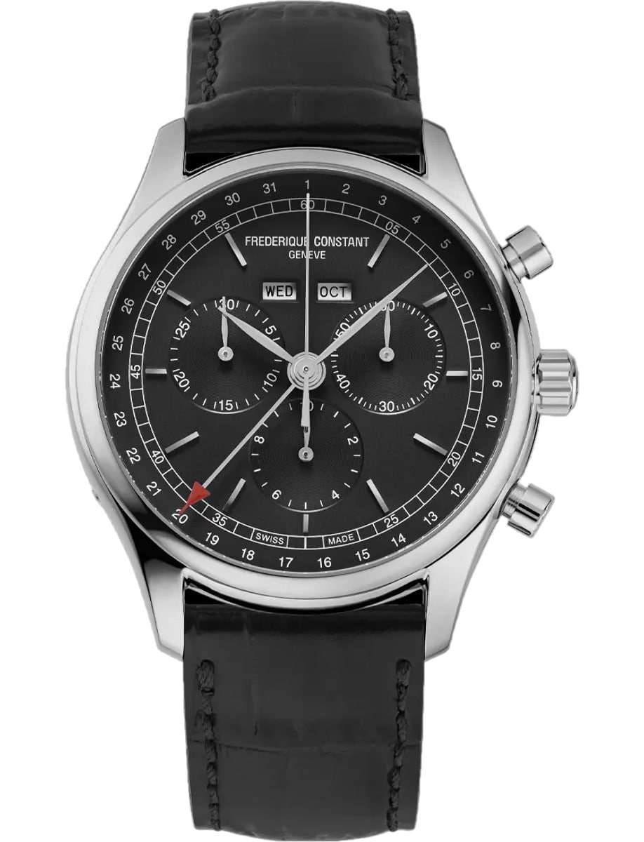 Classics Gents Quartz Chronograph Triple Calendar 40mm in Steel on Black Calf Leather Strap with Matt Grey Dial