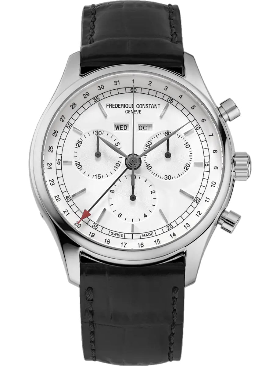 Classics Gents Quartz Chronograph Triple Calendar 40mm in Steel on Black Calf Leather Strap with Silver Matte Dial