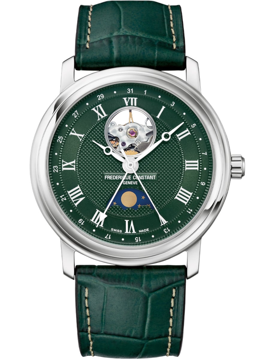 Classics Gents Heart Beat Moonphase Date 40mm in Steel on Green Leather Strap with Green Dial