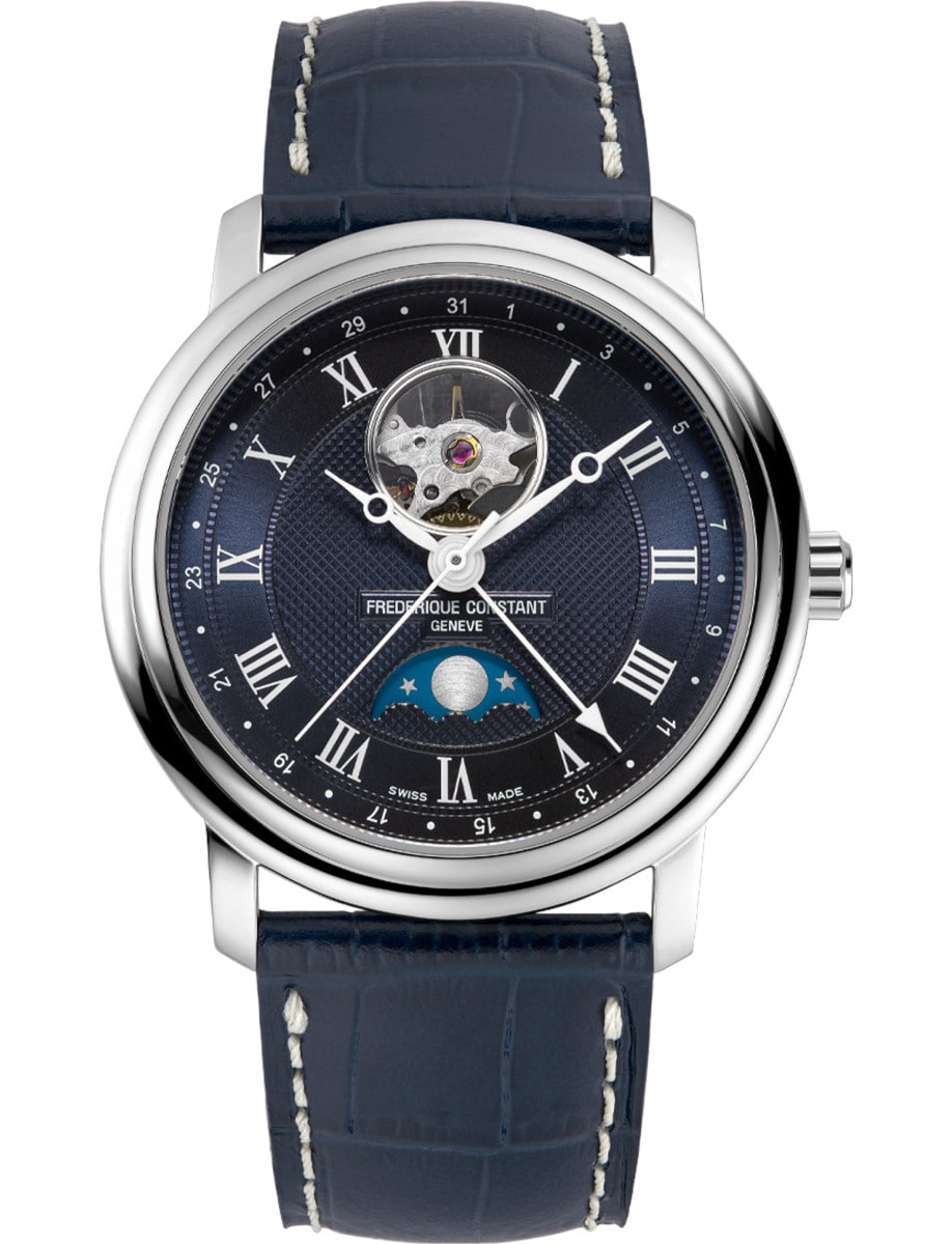 Classics Gents Heart Beat Moonphase Date 40mm in Steel on Navy Leather Strap with Blue Dial