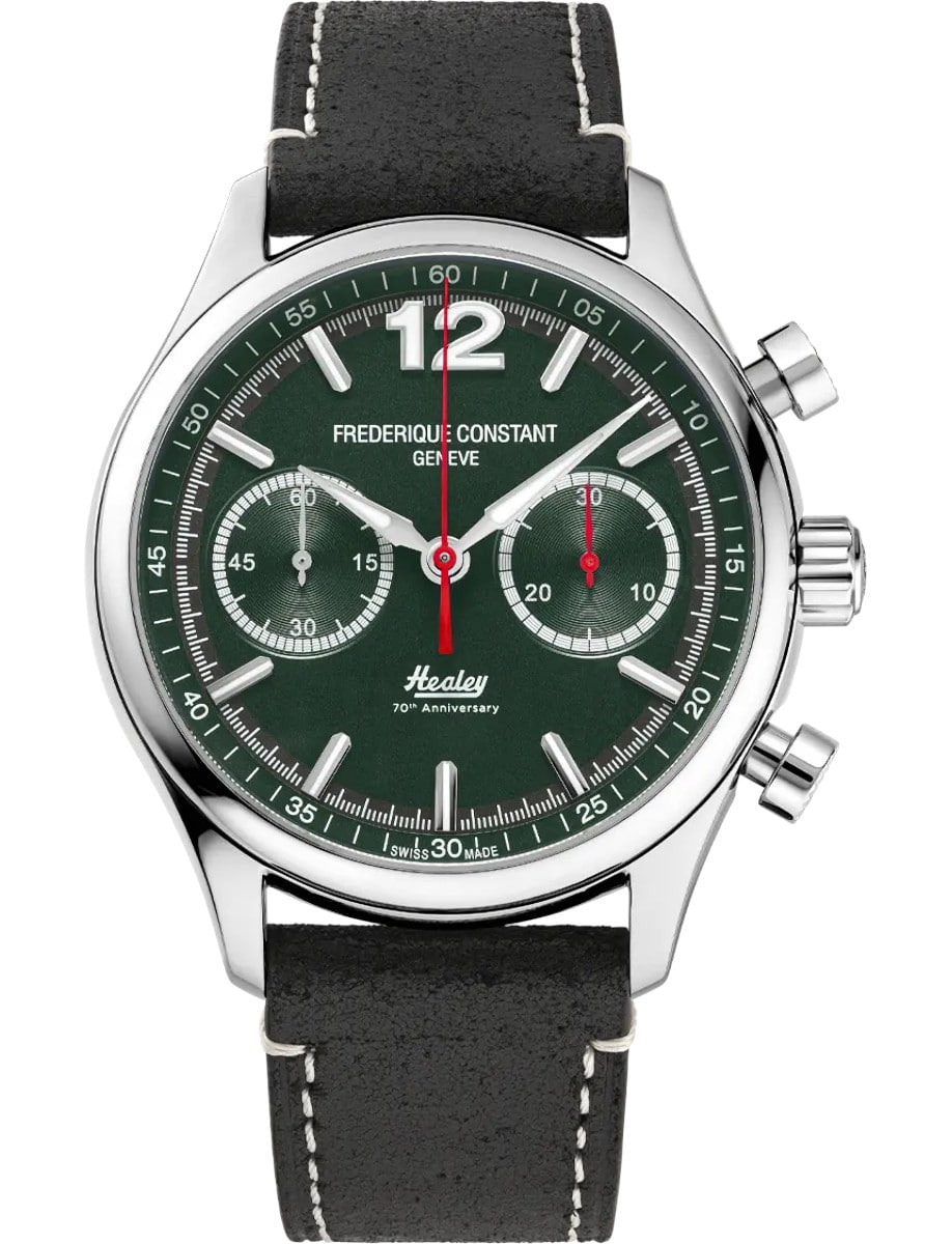 Vintage Rally Healey Chronograph 42mm in Steel - Limited Edition 700 pieces on Black Calf Leather Strap with Green Matt Dial