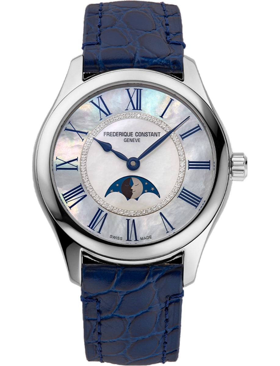 Classics Gents Elegance Luna 36mm in Steel  on Blue Crocodile Leather Strap with Mother of Pearl Dial
