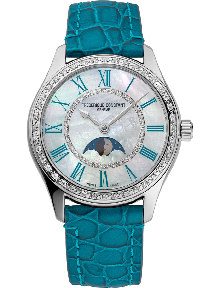 Classics Gents Elegance Luna 36mm in Steel with Diamond Bezel on Turquoise Blue Crocodile Leather Strap with Mother of Pearl Dial