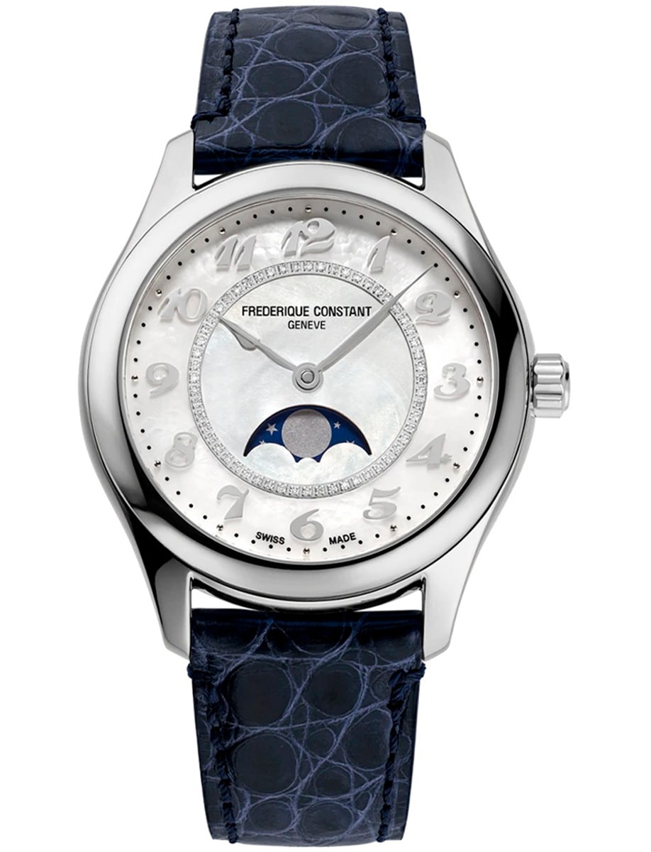 Ladies Classics Elegance Moonphase 34mm in Steel on Blue Alligator Leather Strap with White Mother of Pearl Dial
