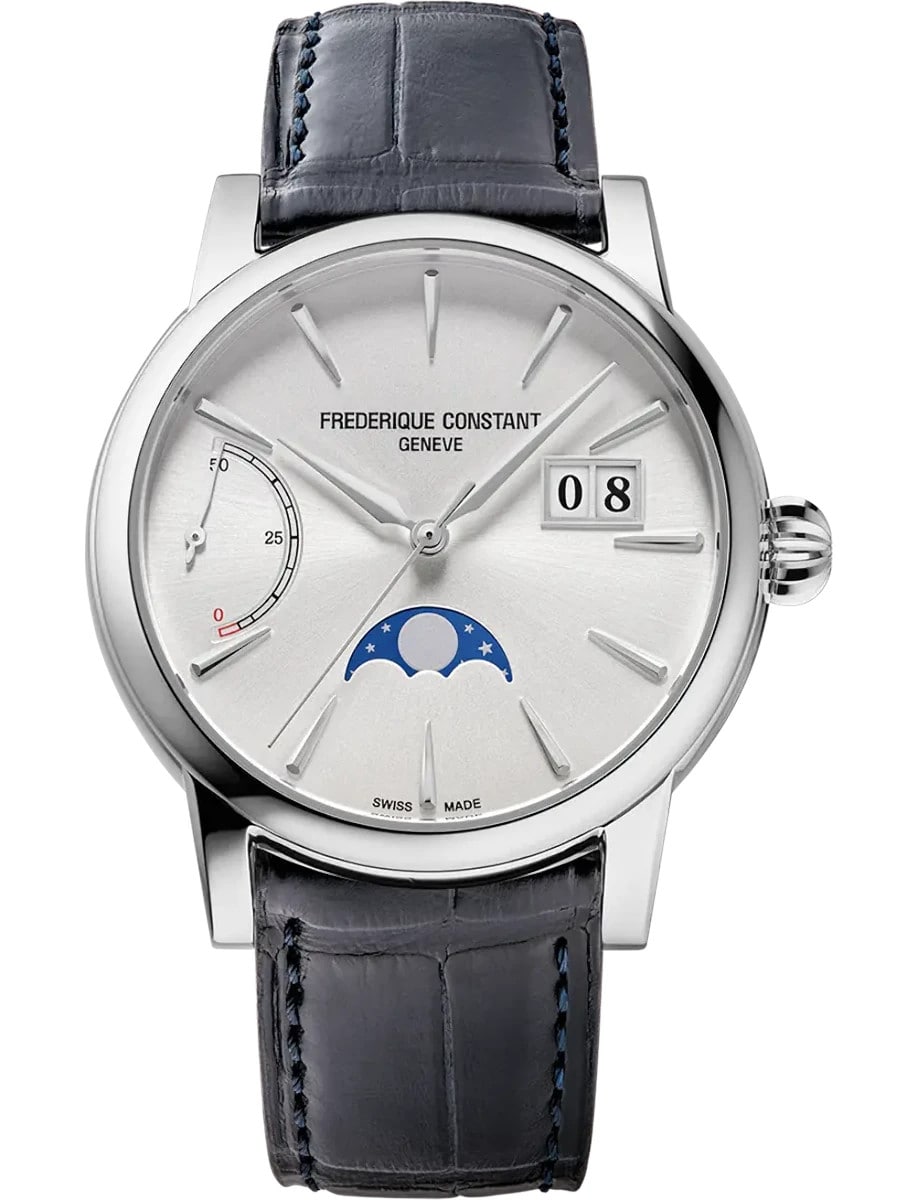 Classic Power Reserve Big Date 40mm in Steel on Black Alligator Leather Strap with Silver Sunray Dial