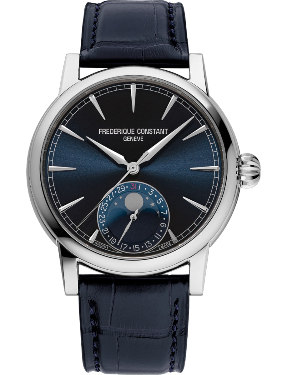 Classic Moonphase Date 40mm in Steel on Blue Alligator Leather Strap with Blue Dial