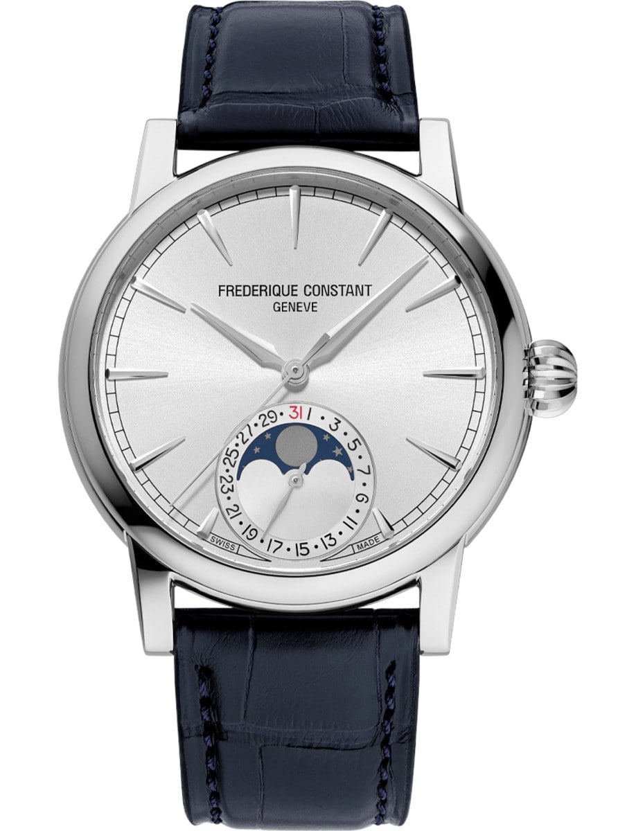 Classic Moonphase Date 40mm in Steel on Blue Alligator Leather Strap with Silver Dial