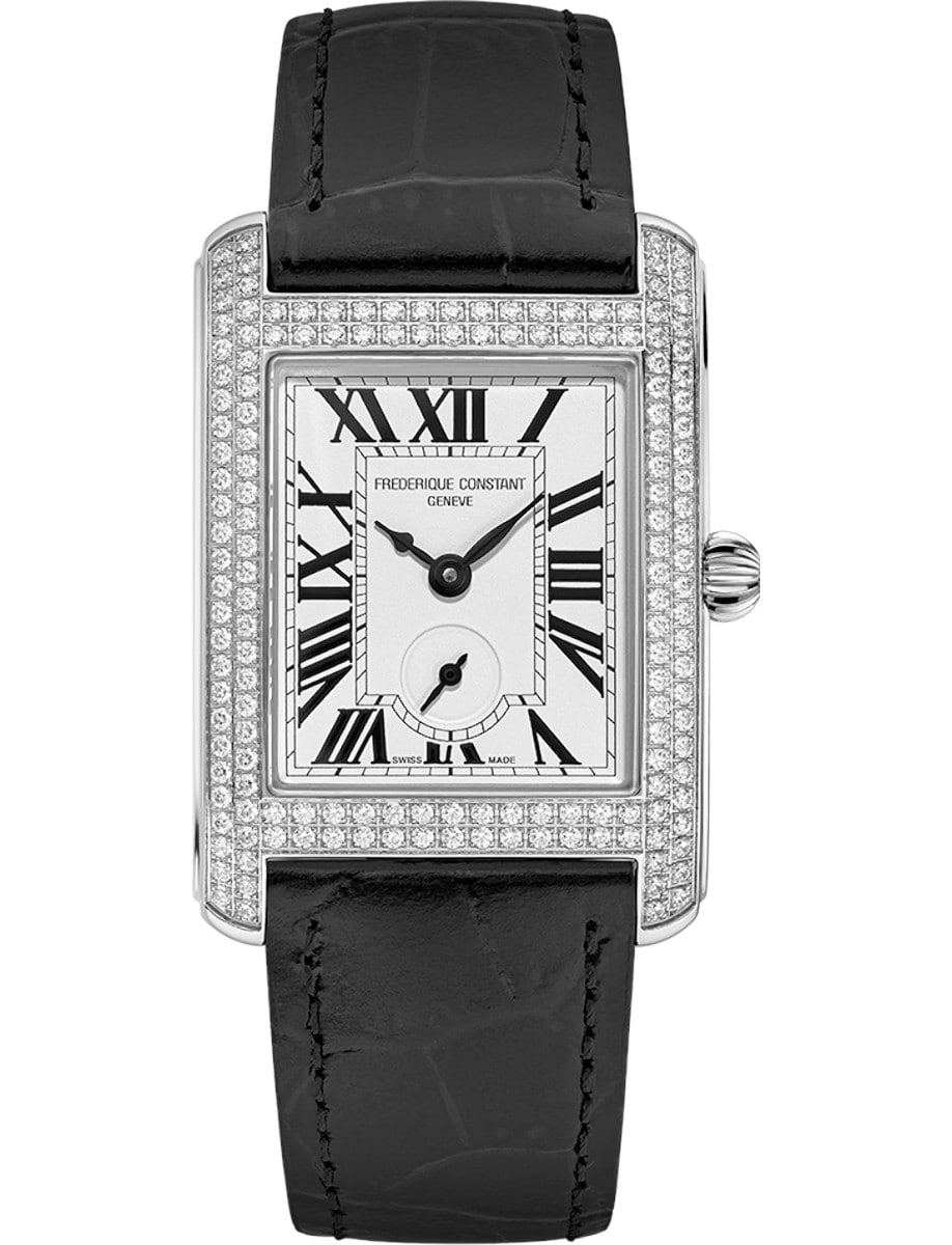Square Ladies 25mm in Steel with Pave Diamond Case on Black Leather Strap with Silver Dial