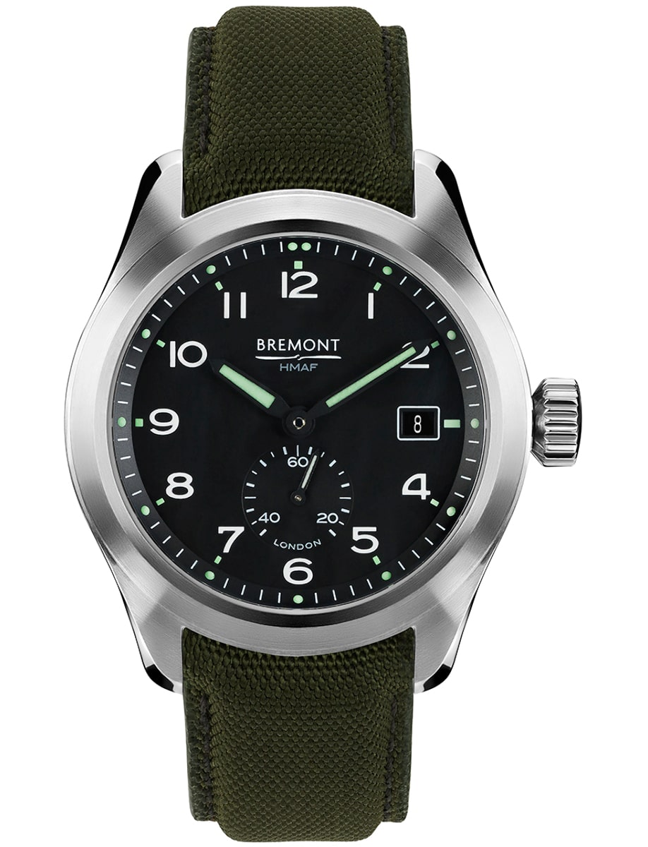 Armed Forces Broadsword 40mm in Polished Steel on Khaki Green Sailcloth Strap with Black Dial