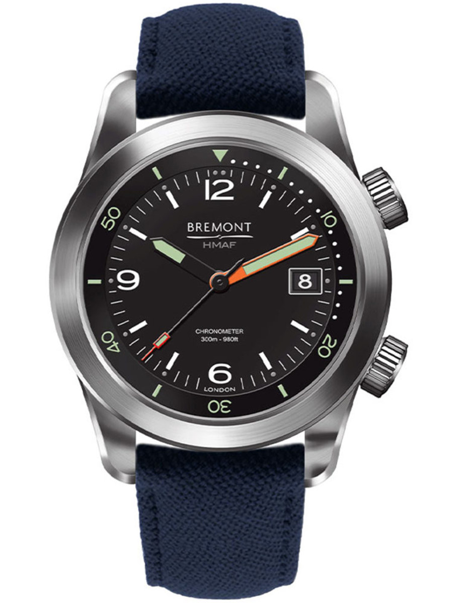 Armed Forces Argonaut 42mm in Polished Steel on Navy Blue Sailcloth Strap with Black Dial