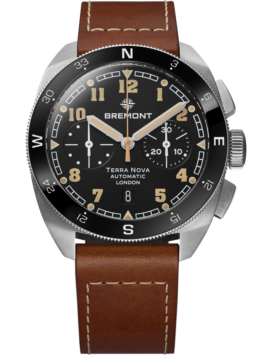 Terra Nova 42.5 Chronograph in Steel with Black Ceramic Bezel on Black Leather Strap with Black Dial