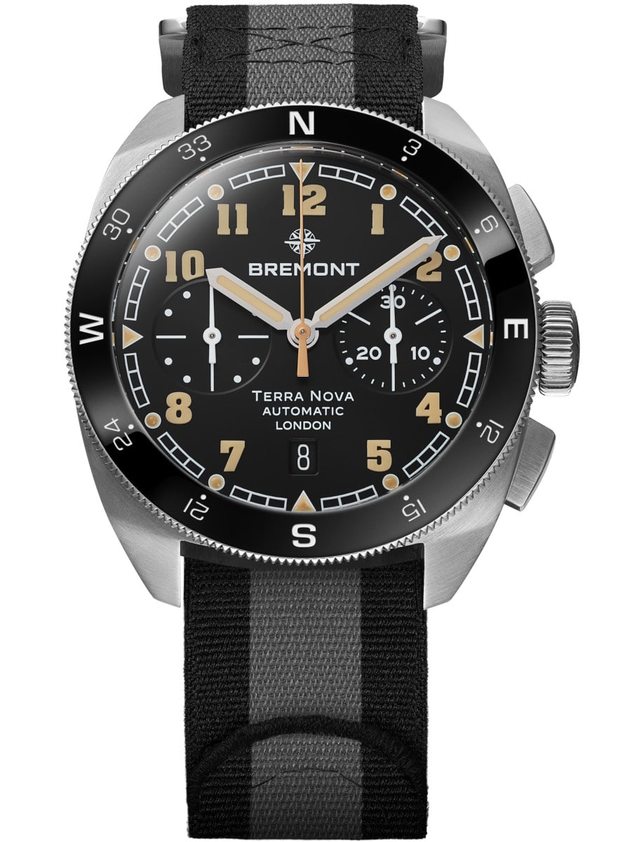 Terra Nova 42.5 Chronograph in Steel with Black Ceramic Bezel on Black Fabric Strap with Black Dial