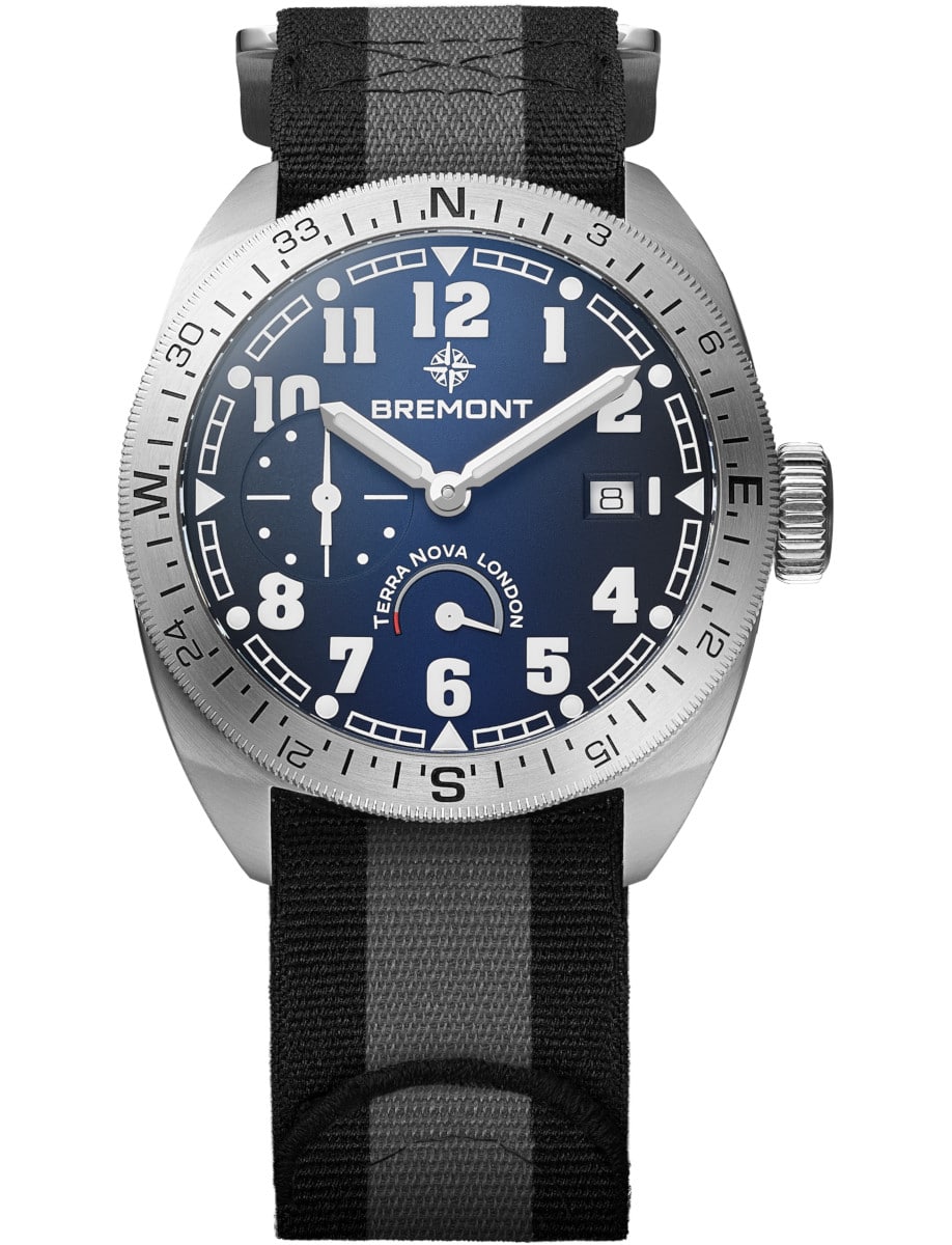 Terra Nova 40.5 Turning Bezel in Steel on Black & Grey Fabric Strap with Blue Dial