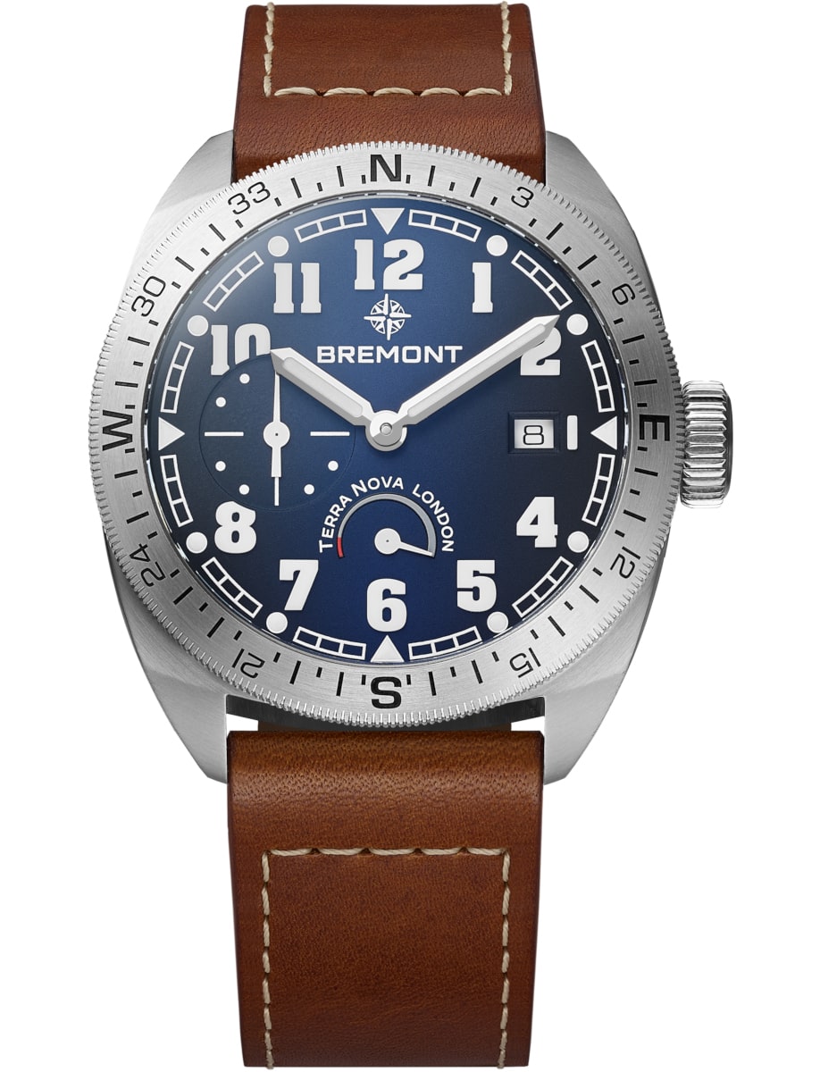 Terra Nova 40.5 Turning Bezel in Steel on Brown Leather Strap with Blue Dial