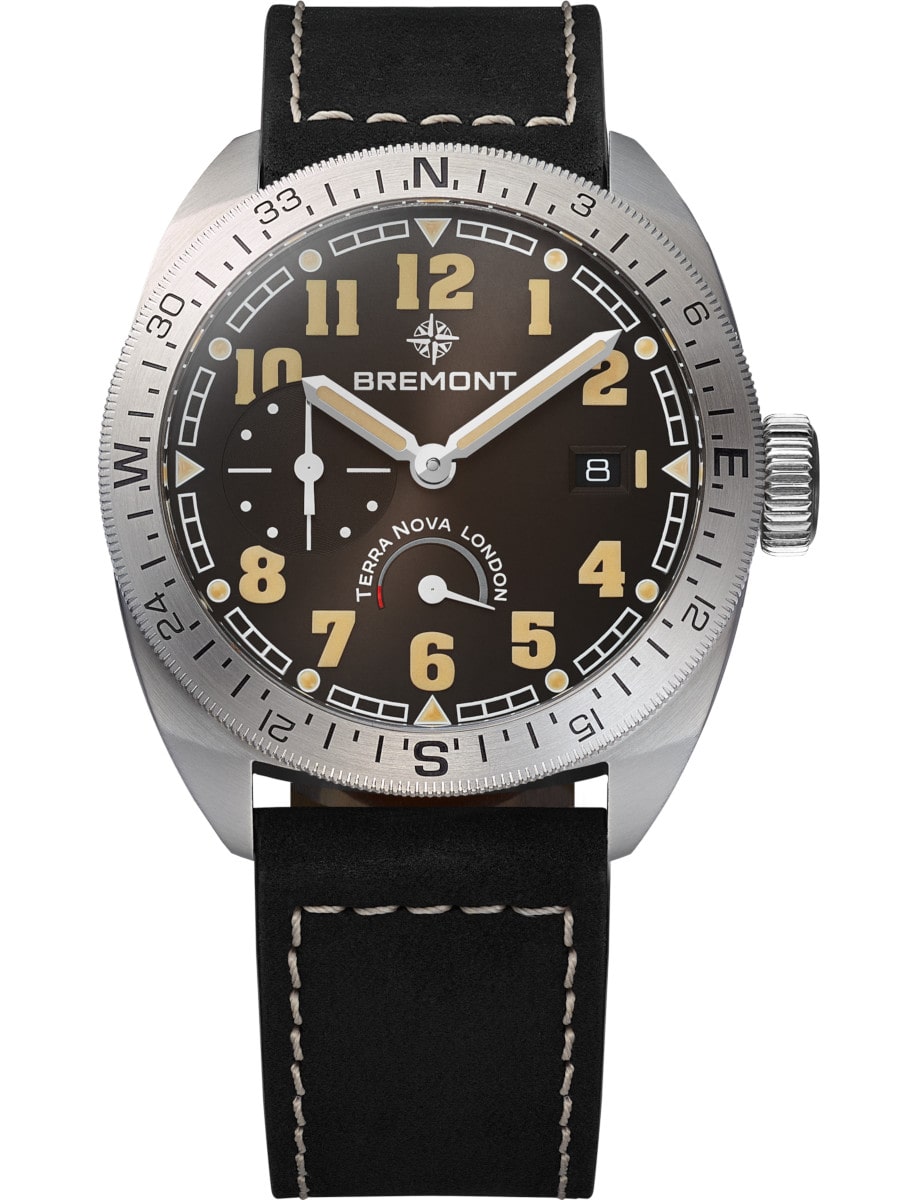 Terra Nova 40.5 Turning Bezel in Steel on Black Leather Strap with Black Dial
