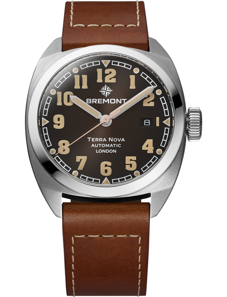 Terra Nova 40.5 Date in Steel on Brown Leather Strap with Black Dial