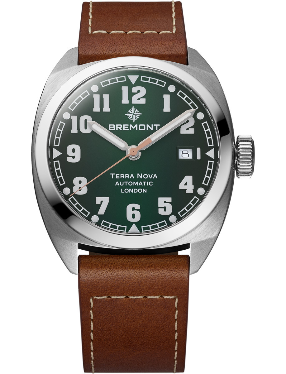 Terra Nova 40.5 Date in Steel on Brown Leather Strap with Green Dial