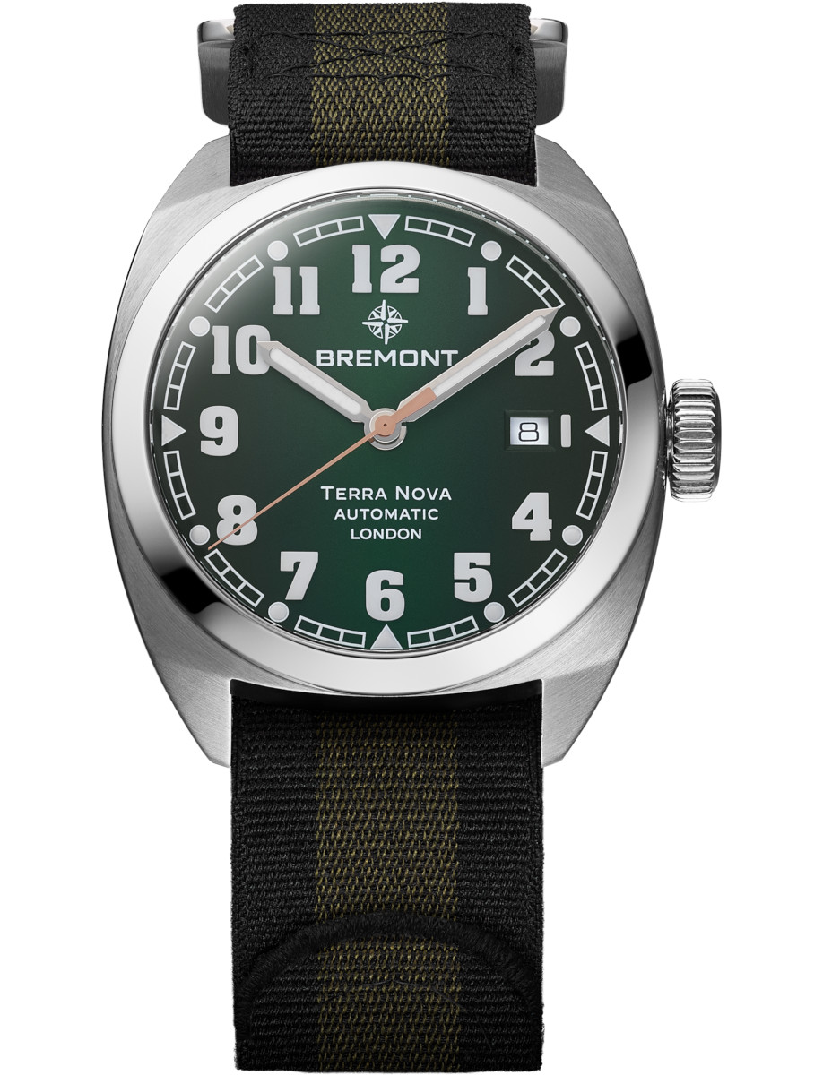 Terra Nova 40.5 Date in Steel on Black Fabric Strap with Green Dial