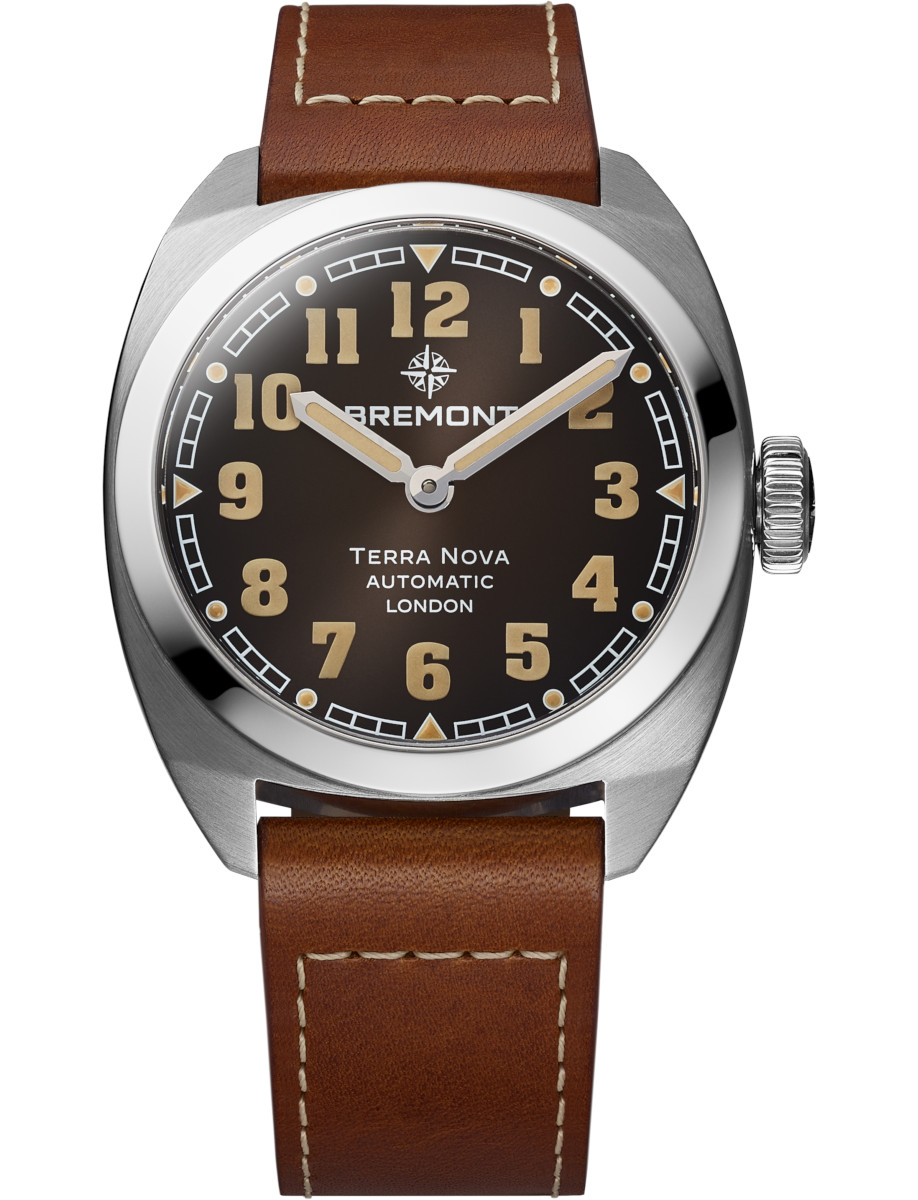 Terra Nova 38 in Steel on Brown Leather Strap with Black Dial