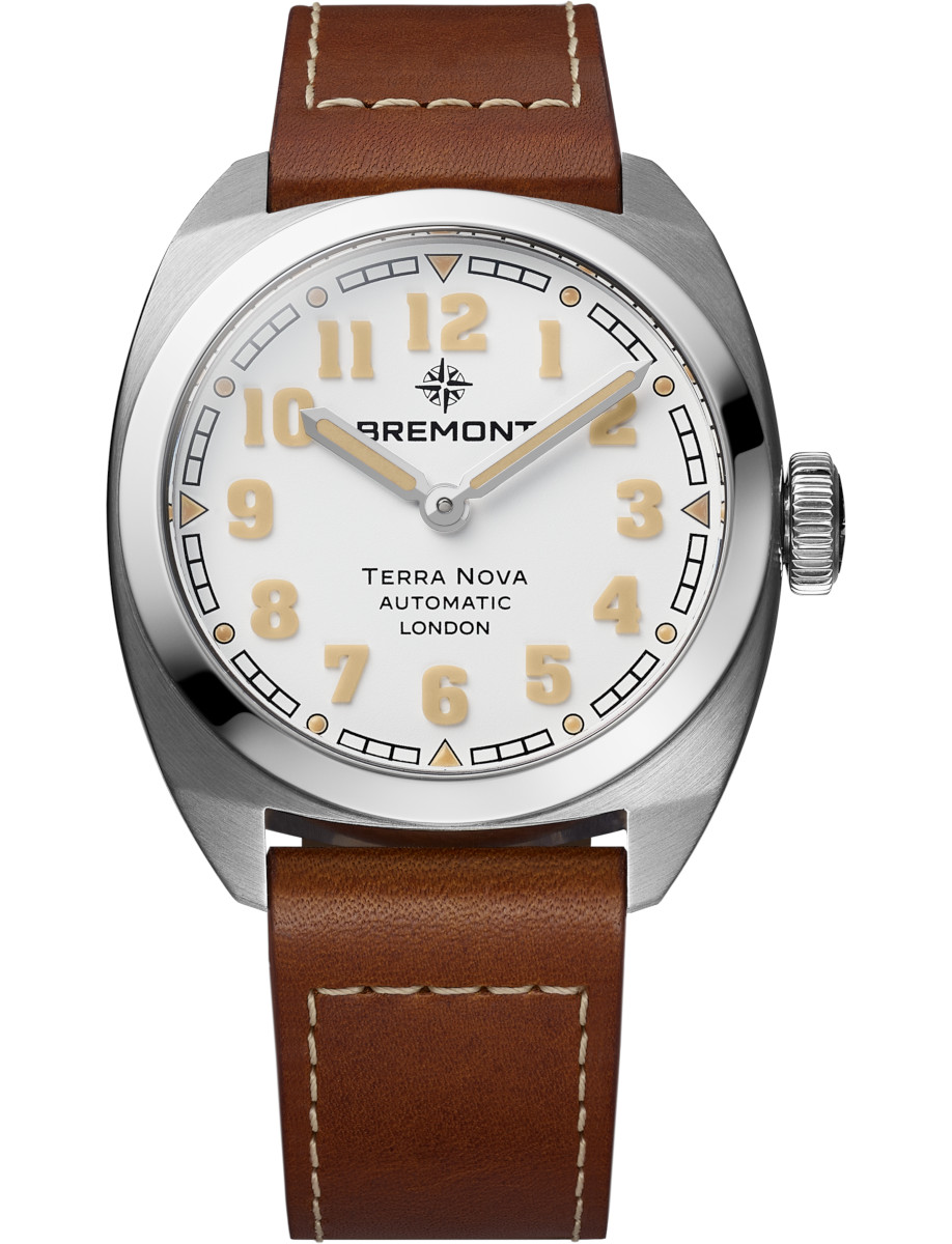 Terra Nova 38 in Steel on Brown Leather Strap with White Dial