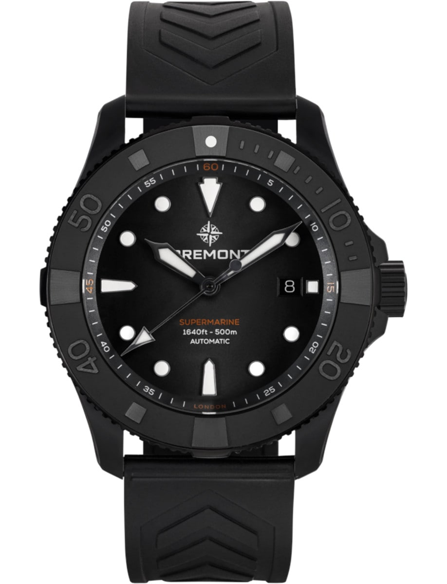 Supermarine 43mm in Titanium with Black Ceramic Bezel on Black Rubber Strap with Black Dial