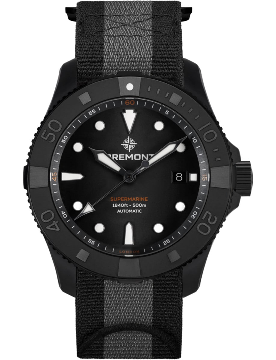Supermarine 43mm in Titanium with Black Ceramic Bezel on Black Fabric Strap with Black Dial