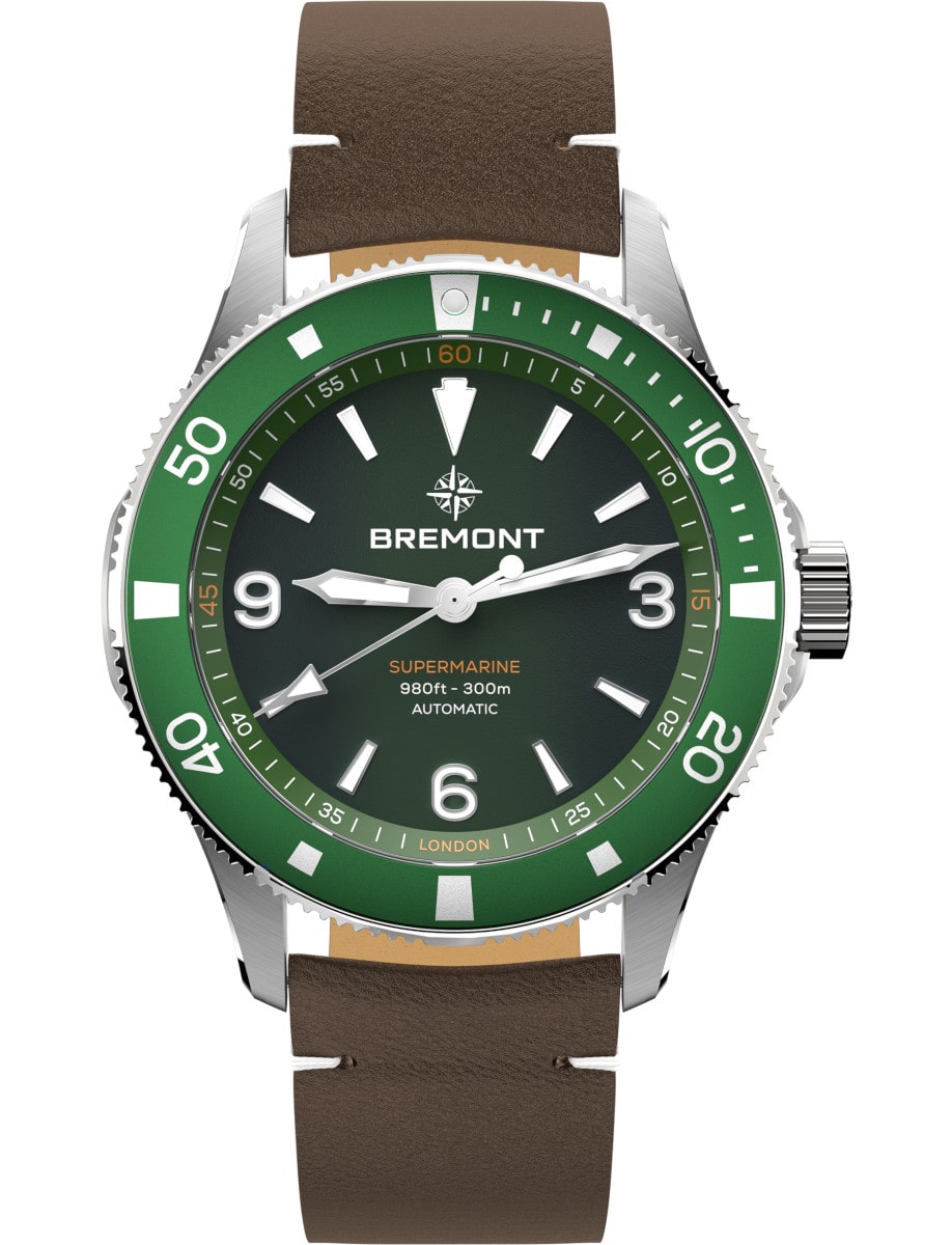 Supermarine 300M 40mm in Steel on Brown Leather Strap with Green Dial