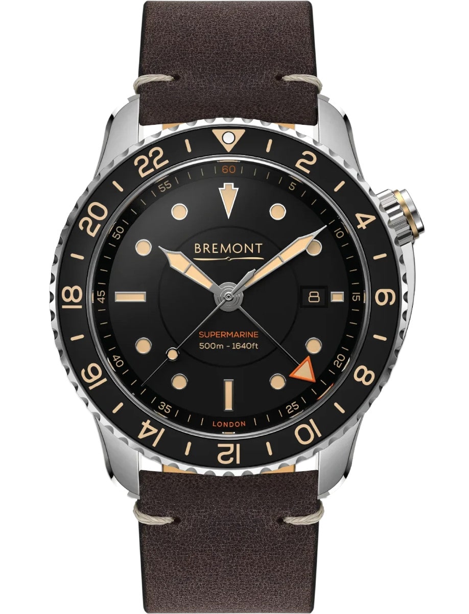 Supermarine S502 43mm in Steel with Black Ceramic Bezel on Brown Calf Leather Strap with Black Dial