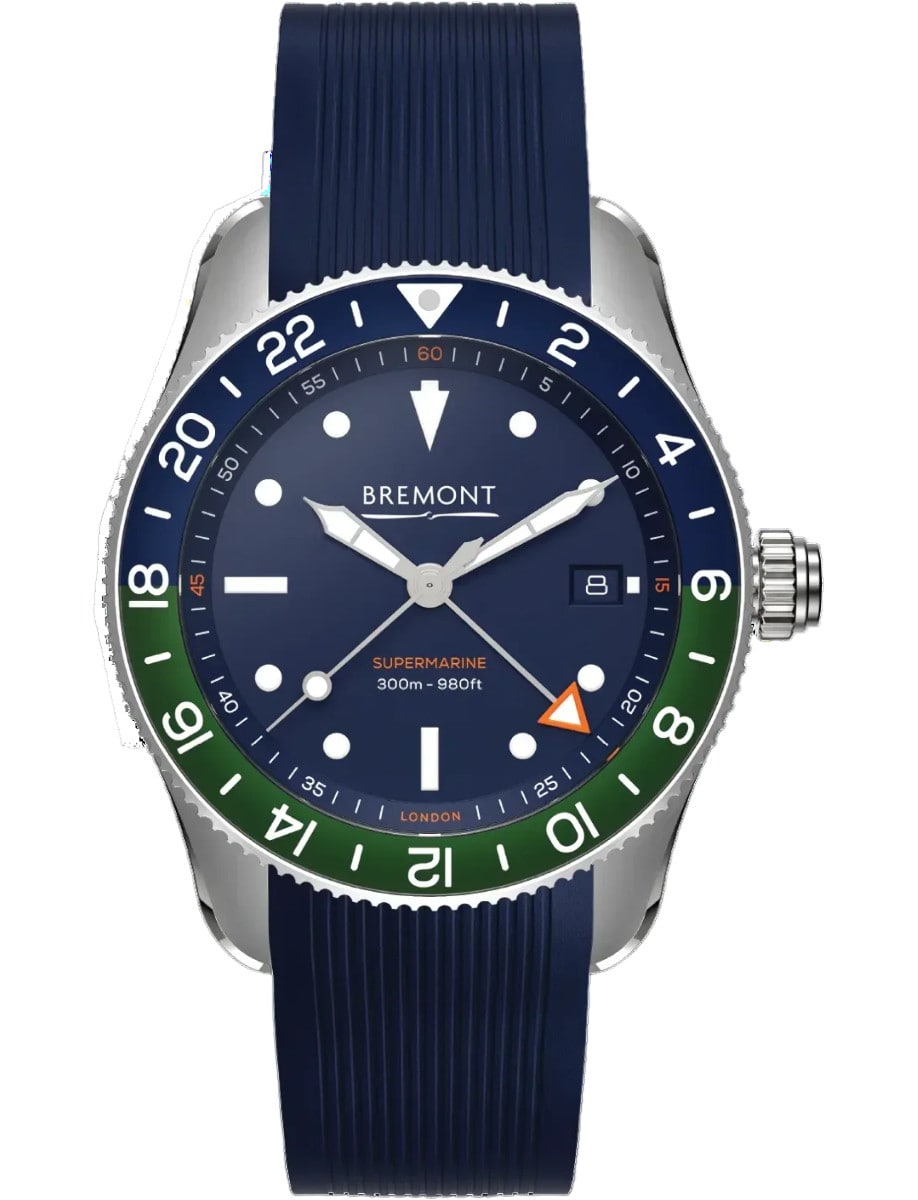 Supermarine S302 Specialised GMT diver 40mm in Steel with Blue & Green Aluminium Bezel on Blue Integrated Rubber Strap with Blue Dial