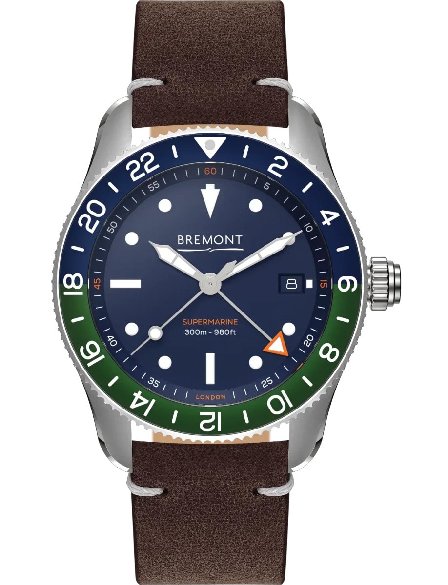 Supermarine S302 Specialised GMT diver 40mm in Steel with Blue & Green Aluminium Bezel on Brown Calf Leather Strap with Blue Dial